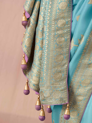 Light Blue Pure Dola Silk Saree with Golden Weaving, Brocade Butties and Light Purple Zari Woven Blouse With Potli Tassel, Elegant Wedding and Family Celebration Wear