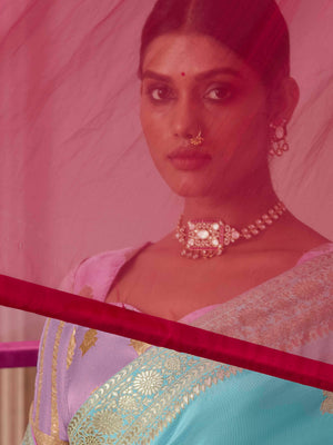ELEGANT AQUA BLUE DOLA SILK SAREE WITH PURPLE GOLDEN WORK BLOUSE