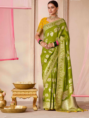 MEHENDI GREEN DOLA SILK SAREE WITH YELLOW GOLDEN EMBROIDERED BLOUSE
