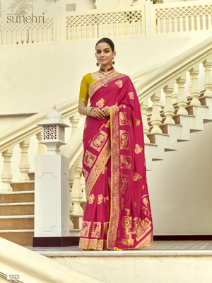 Red Banarasi Silk Saree with Yellow Blouse & Golden Mirror Work