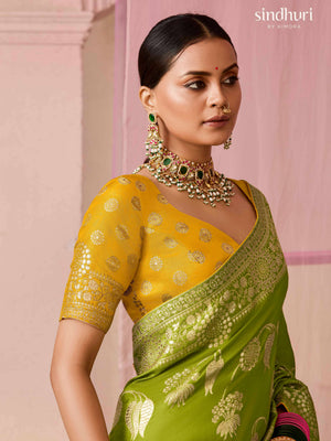 MEHENDI GREEN DOLA SILK SAREE WITH YELLOW GOLDEN EMBROIDERED BLOUSE