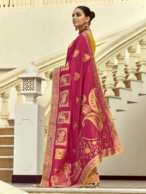 Red Banarasi Silk Saree with Yellow Blouse & Golden Mirror Work