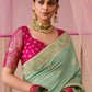 Sea Green Weaving Silk Saree With Red Golden Embroidered Blouse