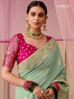 SEA GREEN DOLA SILK SAREE WITH RED GOLDEN EMBROIDERED BLOUSE