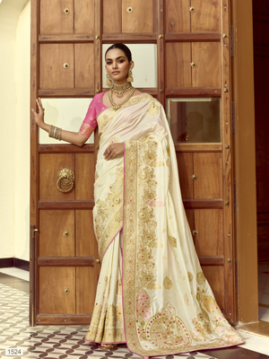 Cream Banarasi Silk Saree with Contrast Blouse