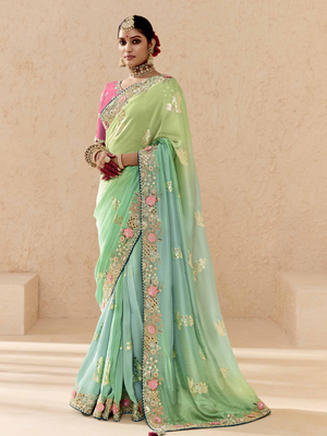 Shaded Green & Aqua Tussar Silk Saree
