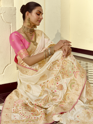 Cream Banarasi Silk Saree with Contrast Blouse