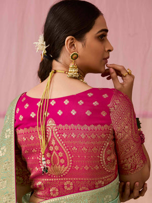 SEA GREEN DOLA SILK SAREE WITH RED GOLDEN EMBROIDERED BLOUSE