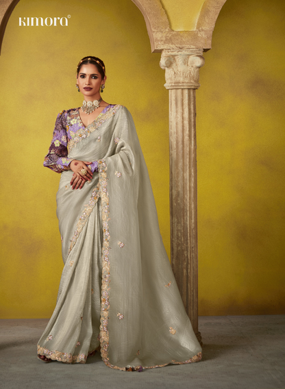 Elegant Silver Saree with Ornate Embroidered Blouse