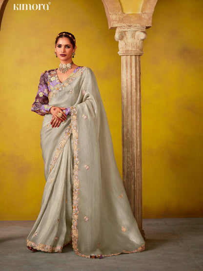 ELEGANT SILVER SAREE WITH ORNATE BLOUSE