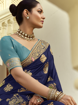 Royal Blue Silk Saree with Elegant Golden Work