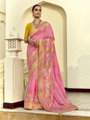 Pink Silk Saree with Contrast Yellow Blouse