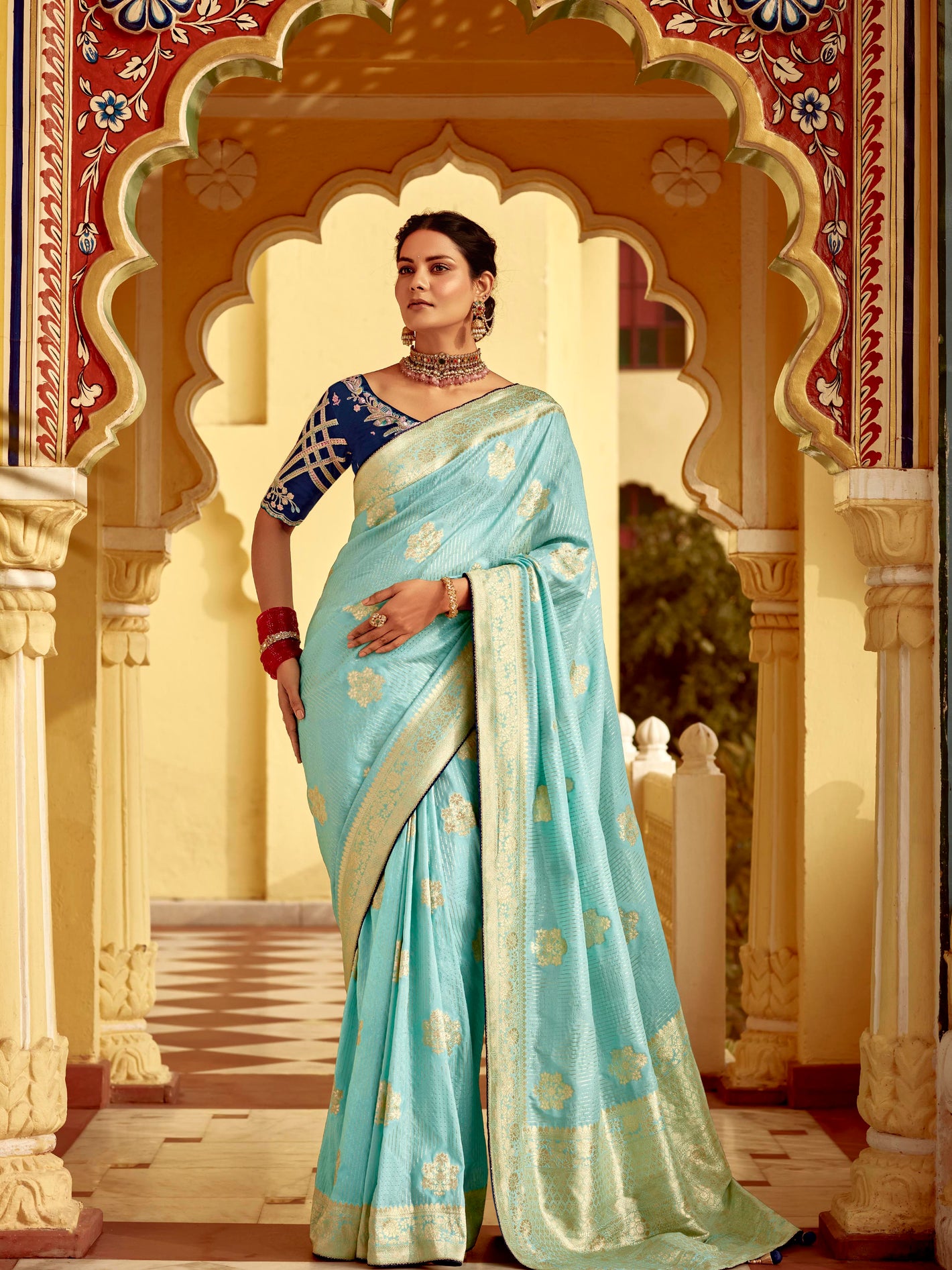 Sky Blue Banarasi Silk Saree With Zari Weaving