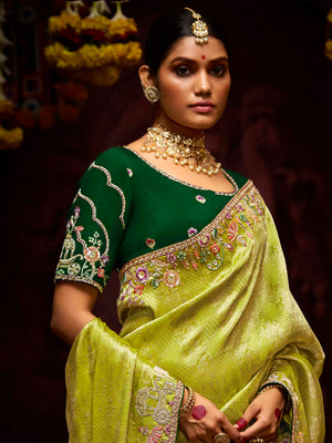 The Pista Banarasi Silk Saree & Forest Green Georgette Blouse