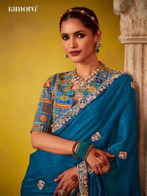 REGAL BLUE SAREE WITH INTRICATELY EMBROIDERED BLOUSE