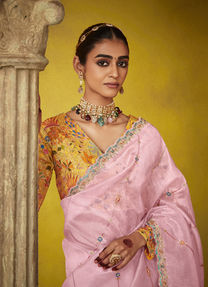 Graceful Pink Saree with Intricate Floral Embroidered Blouse