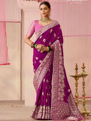 PURPLE DOLA SILK SAREE WITH PINK GOLDEN EMBROIDERED BLOUSE