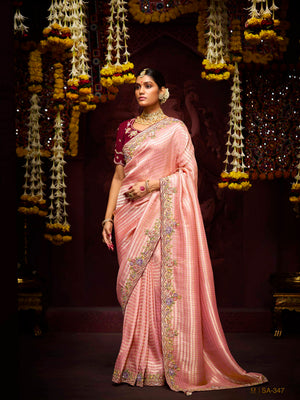 The Blossom Pink Banarasi Saree with Maroon Reverie Blouse