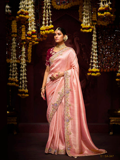 The Blossom Pink Banarasi Saree with Maroon Reverie Blouse