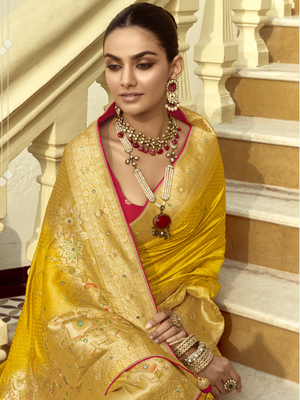 Golden Yellow Banarasi Silk Saree with Red Contrast Blouse