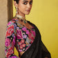 Elegant Black Saree with Vibrant Floral Embroidered Blouse