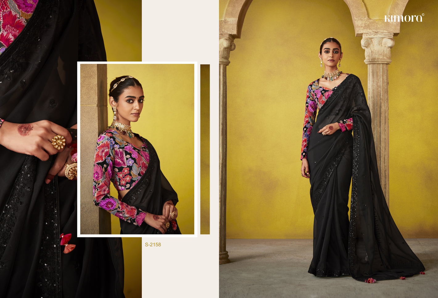 Elegant Black Saree with Vibrant Floral Embroidered Blouse