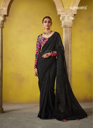 Elegant Black Saree with Vibrant Floral Embroidered Blouse