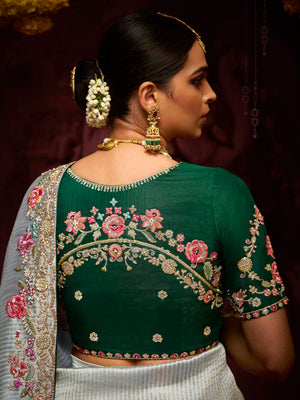 Elegant Silver Grey Banarasi Silk Saree with Red-Pink Floral Thread & Sequin Work