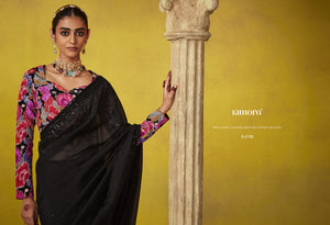 Elegant Black Saree with Vibrant Floral Embroidered Blouse