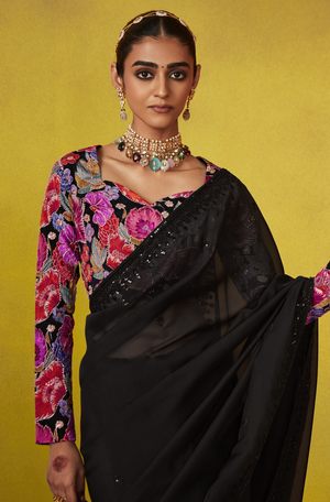 Elegant Black Saree with Vibrant Floral Embroidered Blouse