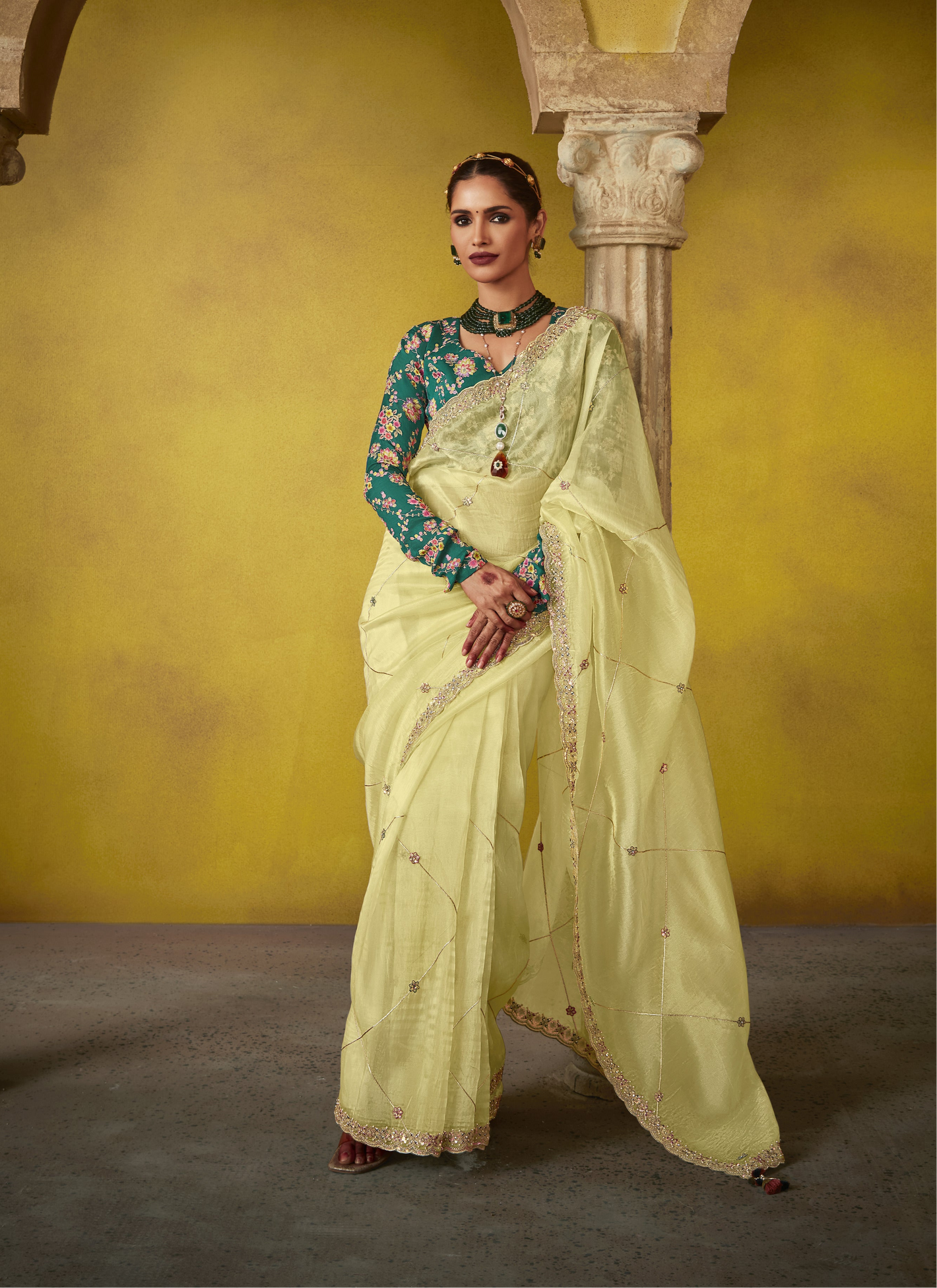 Lemon Yellow Saree with Embroidered Teal Blouse