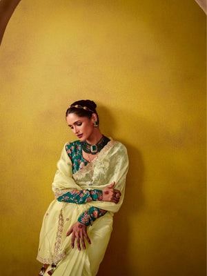 Lemon Yellow Saree With Embroidered Teal Blouse