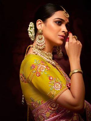 A Garden of Dreams: The Roseate Pink Banarasi Silk Saree Verdant Lime Blouse