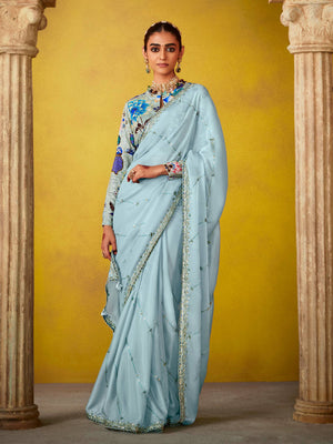 Ethereal Elegance: Blue Silk Saree With Embroidered Blouse