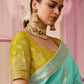 SEA GREEN DOLA SILK SAREE WITH YELLOW GOLDEN EMBROIDERED BLOUSE