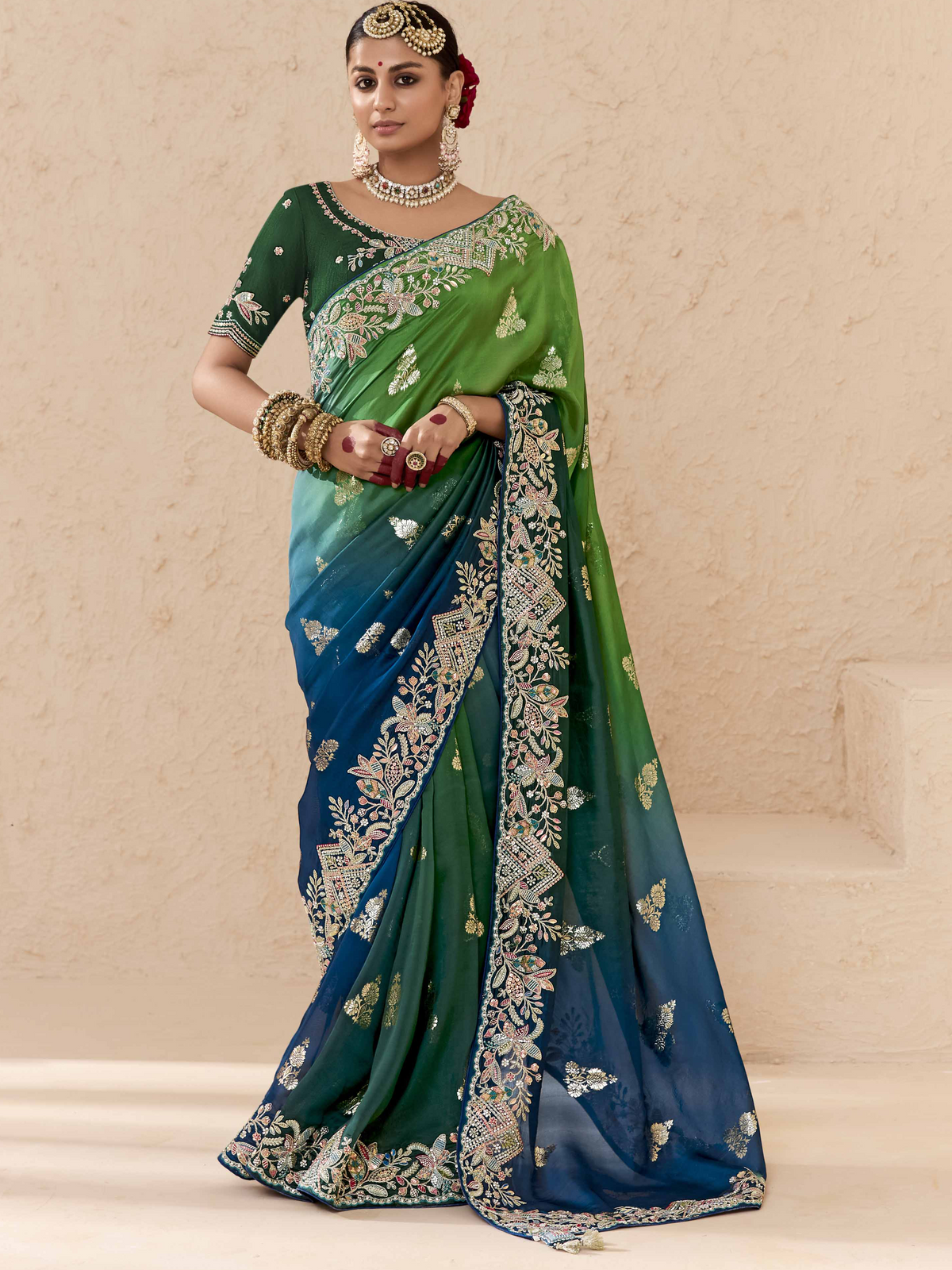 Peacock Green and Royal Blue Tussar Silk Saree
