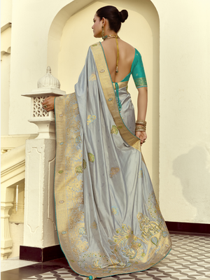 Grey Banarasi Silk Saree with Teal Blouse & Golden, Moti, Sequence Work