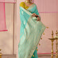 SEA GREEN DOLA SILK SAREE WITH YELLOW GOLDEN EMBROIDERED BLOUSE