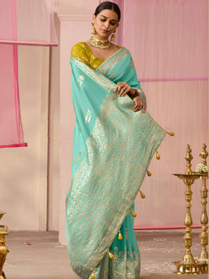 SEA GREEN DOLA SILK SAREE WITH YELLOW GOLDEN EMBROIDERED BLOUSE