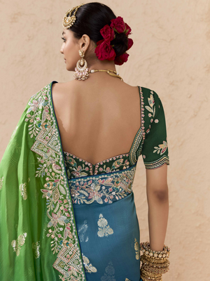 Peacock Green & Royal Blue Tussar Silk Saree