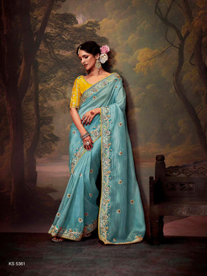 ICE BLUE DESIGNER ORGANZA SILK SAREE