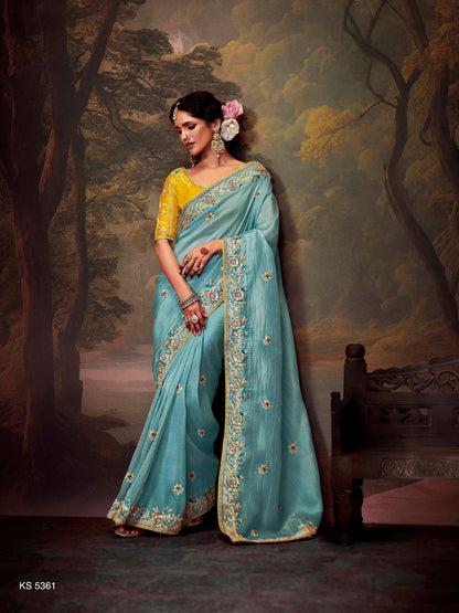 ICE BLUE DESIGNER ORGANZA SILK SAREE