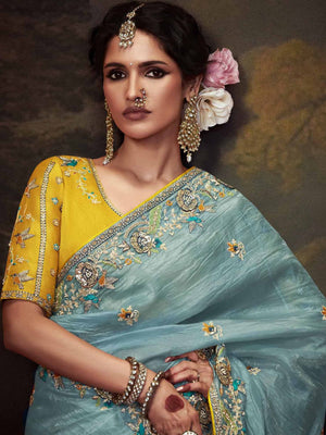 ICE BLUE DESIGNER ORGANZA SILK SAREE