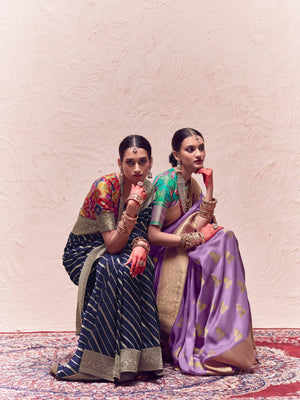 KIMORA’S NAVY BLUE CREPE SILK SAREE WITH MULTICOLOR BLOUSEBLUE CREPE SILK SAREE