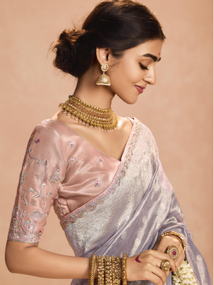 Lavender Kanjivaram Silk Saree with Blush Pink Embroidered Blouse – Perfect for Weddings & Festive Wear