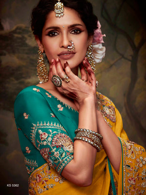 MUSTARD YELLOW DESIGNER ORGANZA SILK SAREE