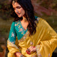 Yellow Silk Embroidered Butta Saree with Teal Blouse