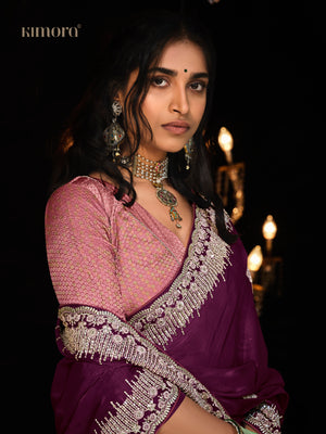 PURPLE SILK SAREE WITH INTRICATE SILVER ZARI EMBROIDERY - KIMORA EXCLUSIVE