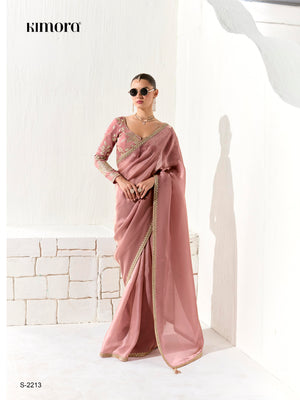 Royal Pink Premium Organza Saree with Golden Sequin Blouse