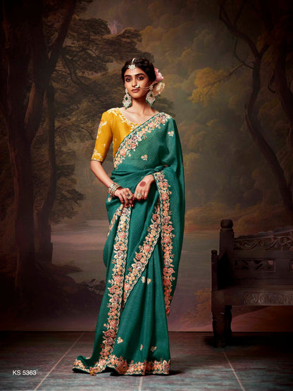 TEAL GREEN DESIGNER ORGANZA SILK SAREE WITH YELLOW CONTRAST BLOUSE